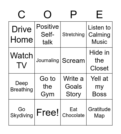 Coronaphobia Coping Strategies Bingo Card