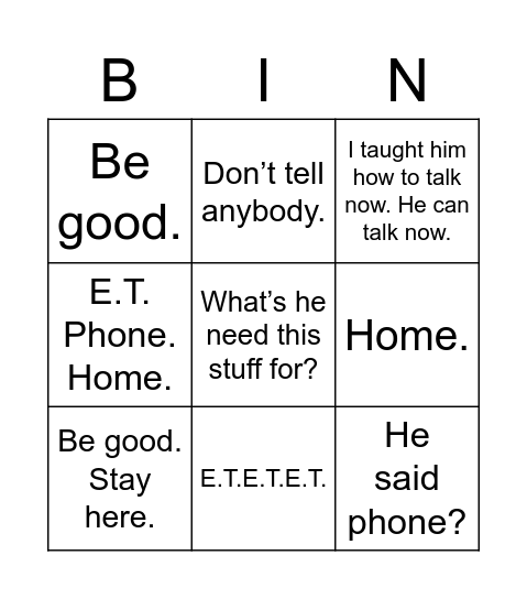 E.T. Bingo Card