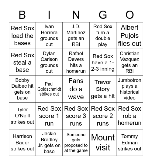 Red Sox vs Cardinals Game 2 Bingo Card