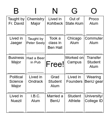 Student Life Alumni Bingo Card