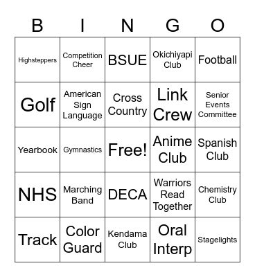 WHS Activities & Clubs Bingo Card