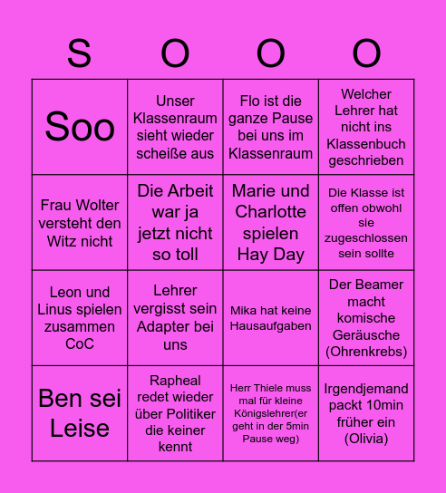 Lehrer Bingo Card