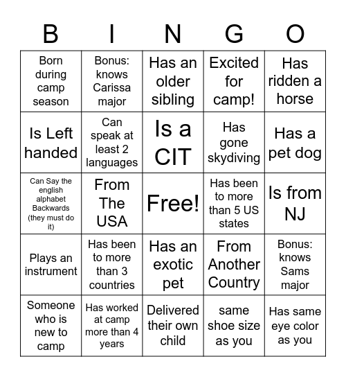 Camp Staff Bingo 2022 Bingo Card