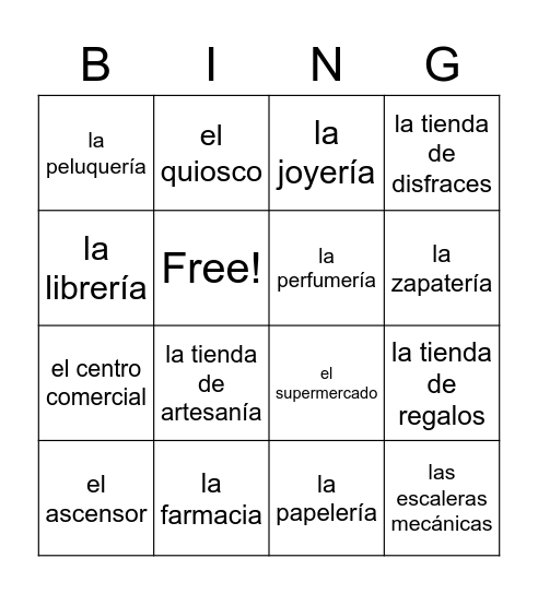 Spanish 2: Tiendas y establecimientos Bingo Card