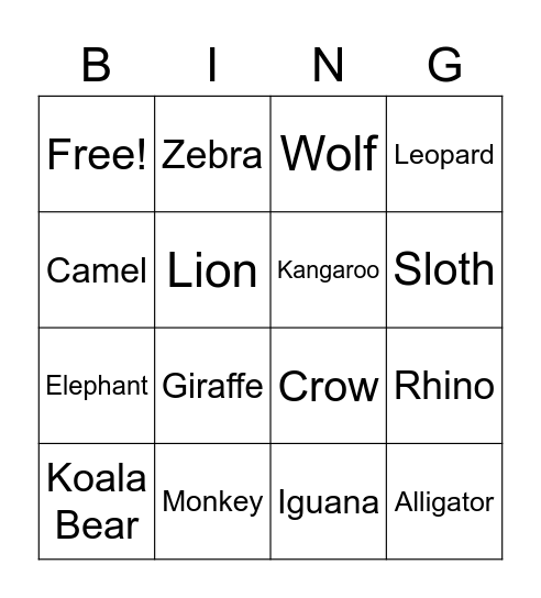 Zoo Animal Bingo Card