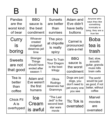 HOT TAKES Bingo Card