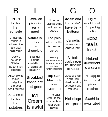 HOT TAKES Bingo Card