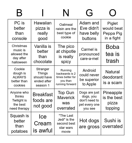 HOT TAKES Bingo Card