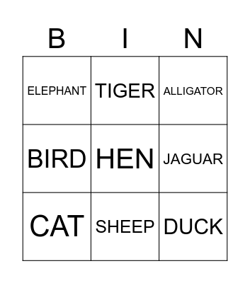Animals Bingo Card