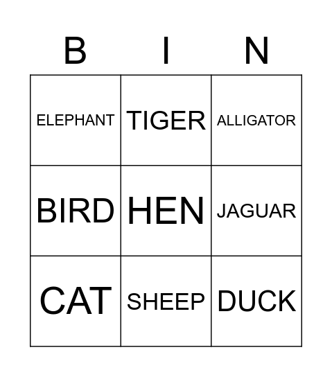 Animals Bingo Card