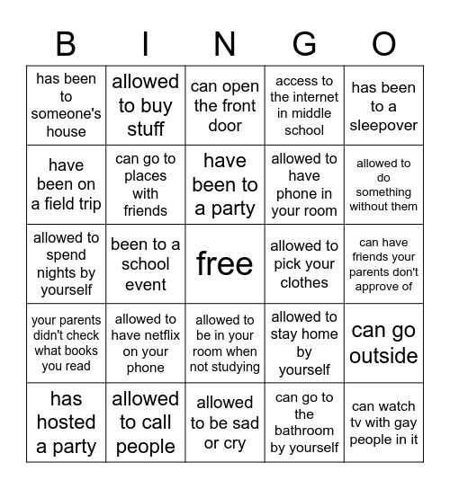 are ur parents less strict than mine Bingo Card