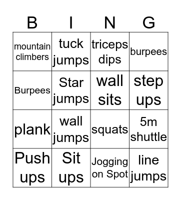 Fitness Bingo Card