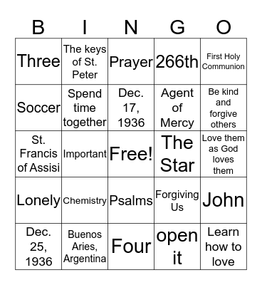 Pope Francis Bingo Card