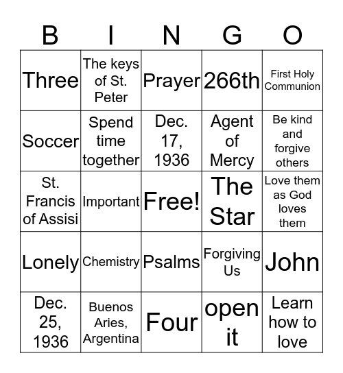 Pope Francis Bingo Card