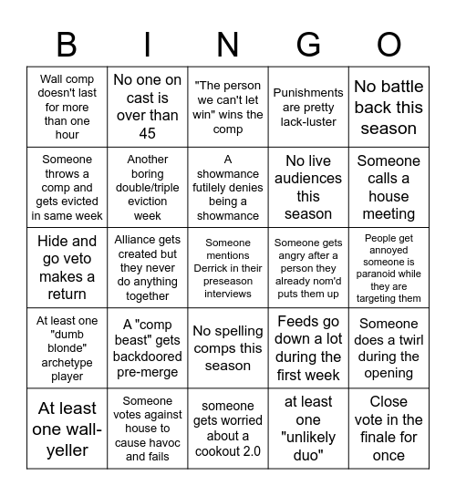 Big brother 24 bingo card Bingo Card