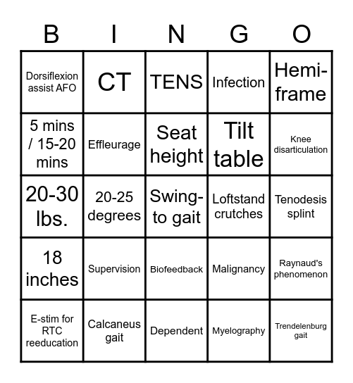 Equipment/Modalities Bingo Card