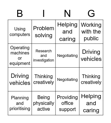 Skills Bingo Card