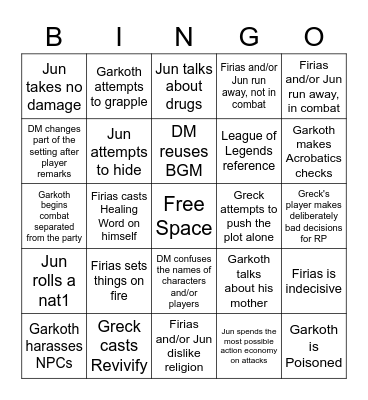 Celestial Wars Bingo Card