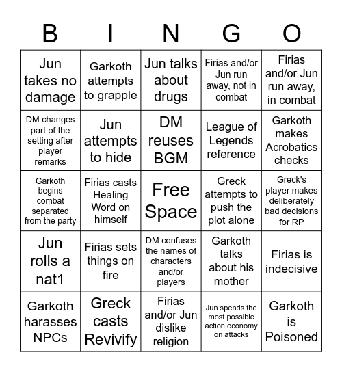 Celestial Wars Bingo Card