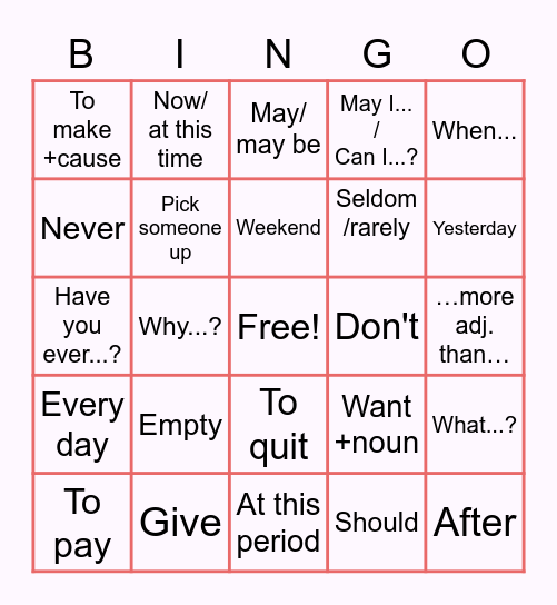 Sentences Bingo Card