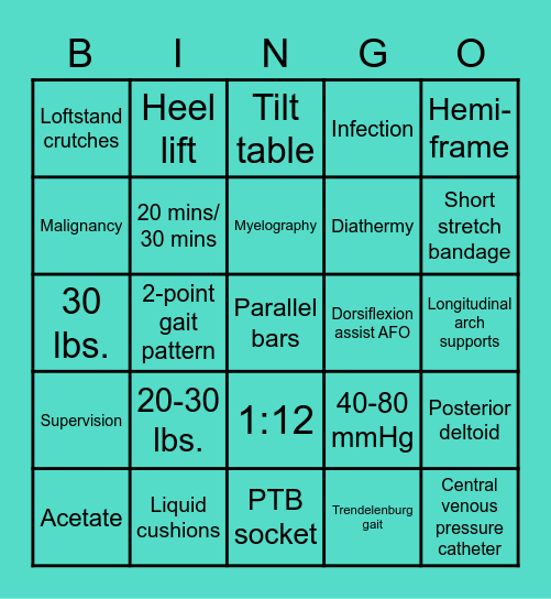 Equipment & Modalities Bingo Card