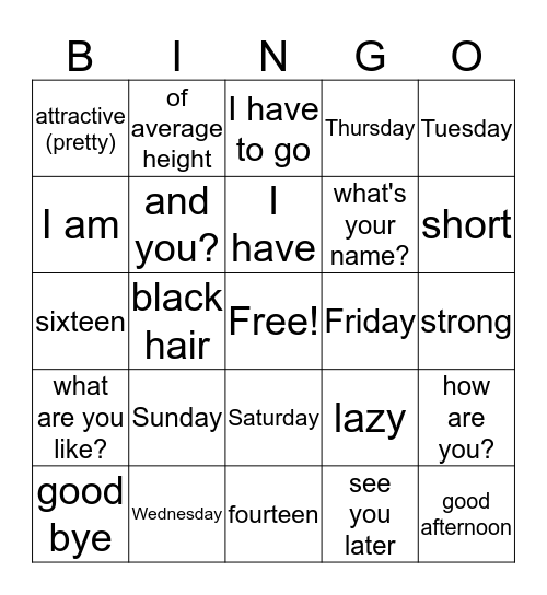 Level 1, Unit 1 Bingo Card