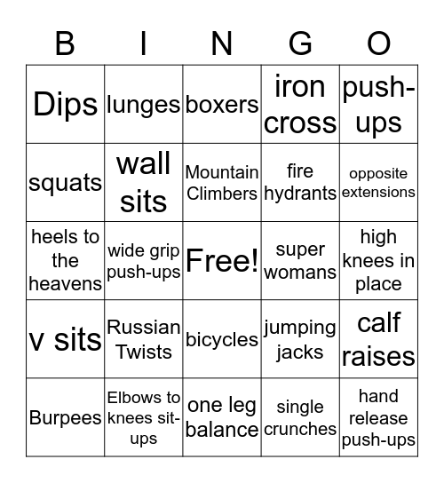 Fitness Bingo Card