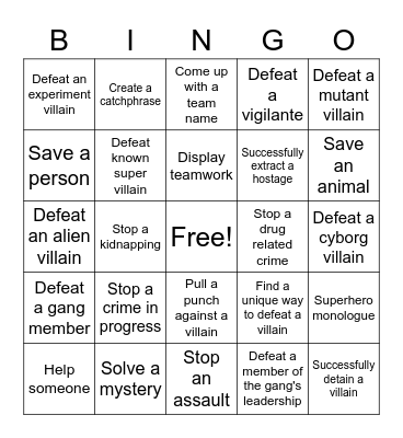 Superhero bingo sheet Bingo Card