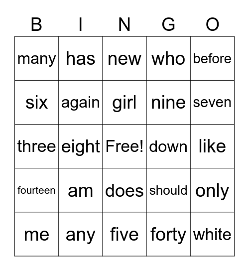 Tricky Words Bingo Card