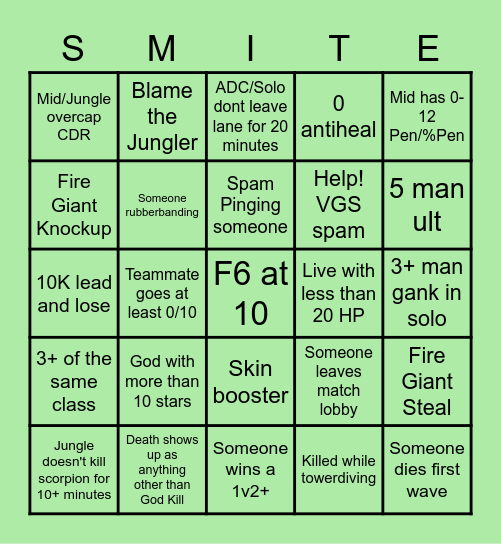 SMITE Season 9 Bingo Card