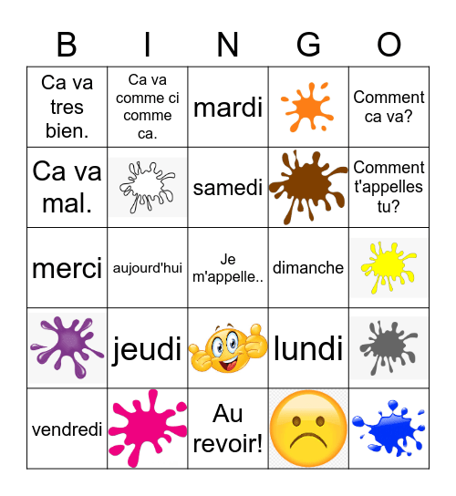 French Greetings, Colours, Days of the Week Bingo Card