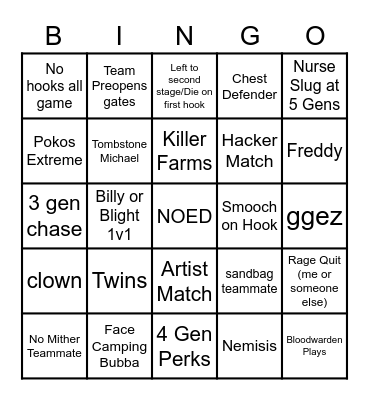 Dead By Daylight Bingo Card