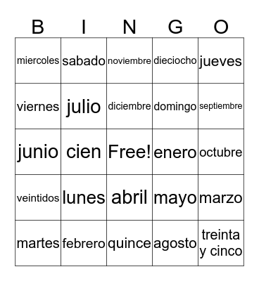 Dias, meses y numeros Bingo Card