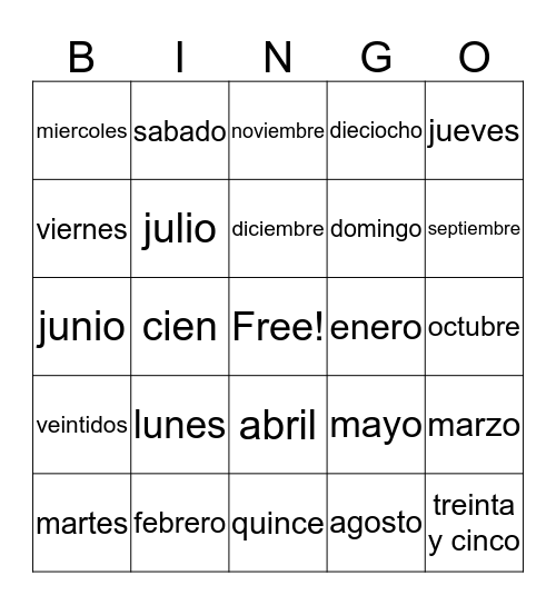 Dias, meses y numeros Bingo Card