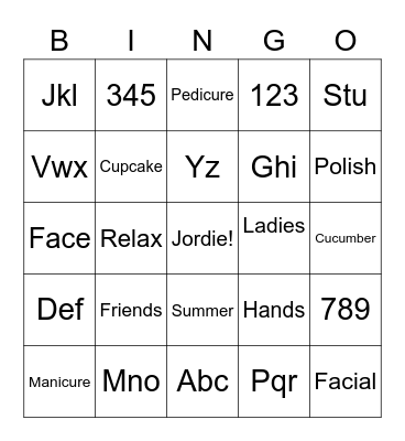 Jordana’s Spa Party Bingo Card