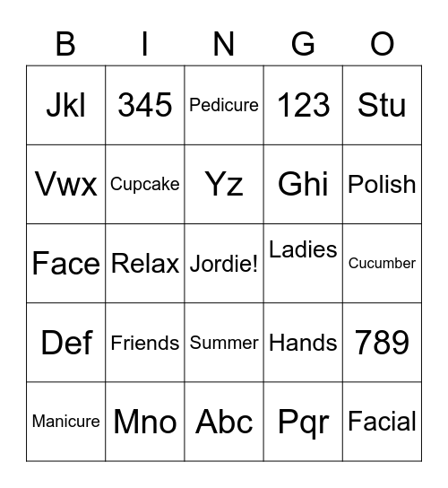 Jordana’s Spa Party Bingo Card