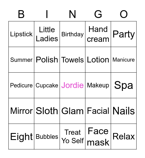 Jordana’s Spa Party Bingo Card