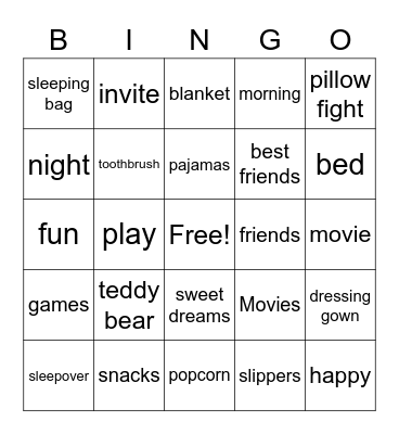 A Sleepover Bingo Card