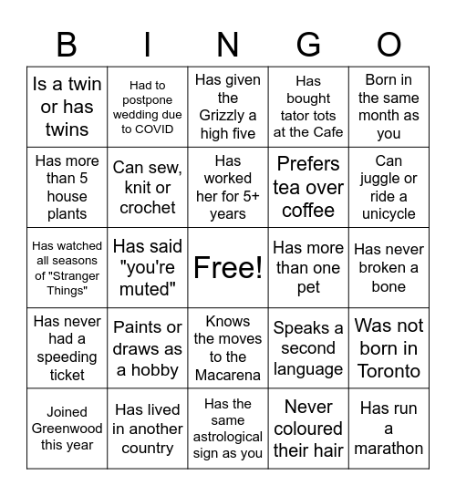 Greenwood Staff Bingo-Find someone who... Bingo Card