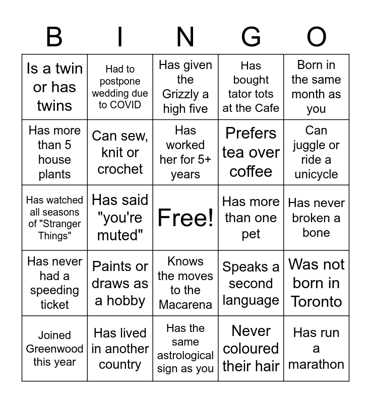 Greenwood Staff Bingo-Find someone who... Bingo Card