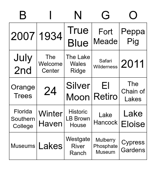 Visit Central Florida Trivia Bingo Card