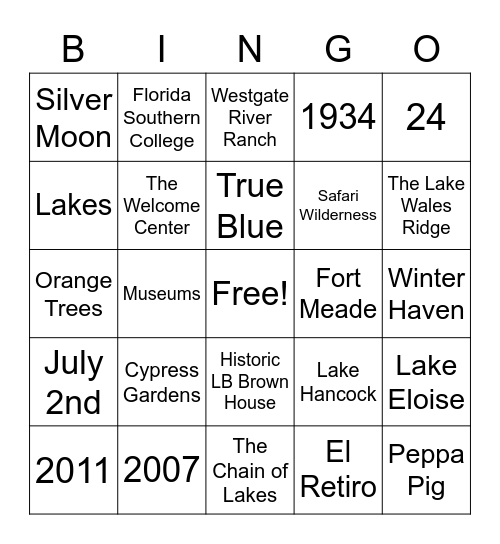 Visit Central Florida Trivia Bingo Card