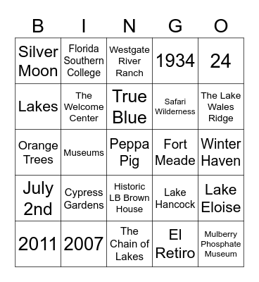 Visit Central Florida Trivia Bingo Card