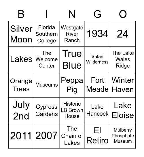 Visit Central Florida Trivia Bingo Card