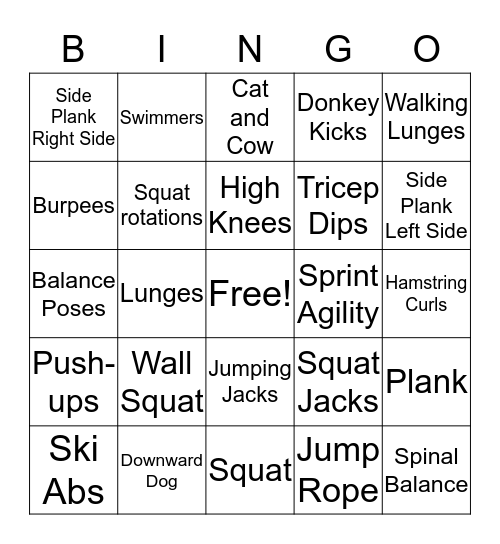 Fitness Warm-up Bingo Card