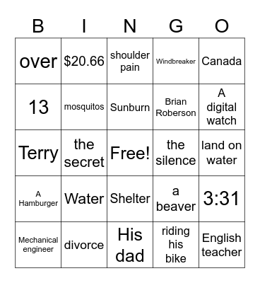 Hatchet Ch 1-5 Bingo Card