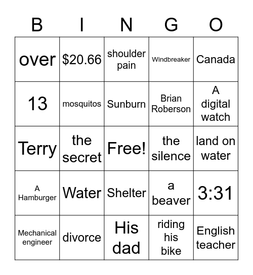 Hatchet Ch 1-5 Bingo Card
