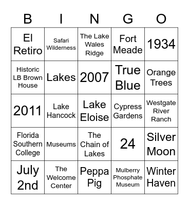 Visit Central Florida Trivia Bingo Card