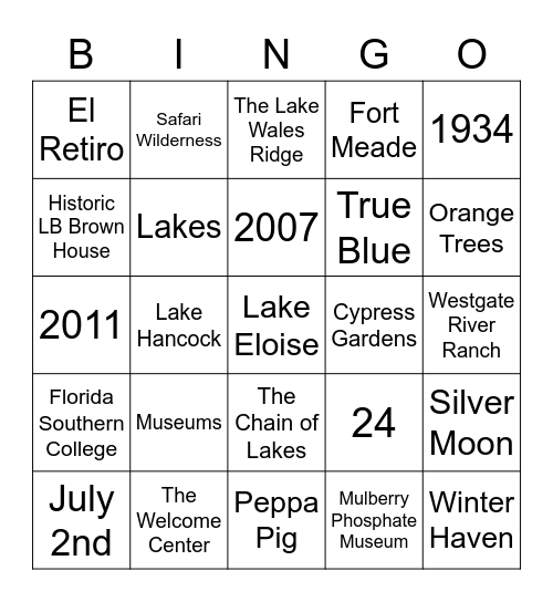 Visit Central Florida Trivia Bingo Card