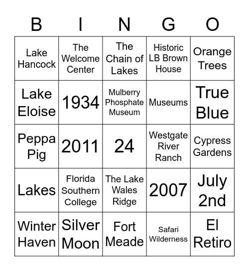 Visit Central Florida Trivia Bingo Card